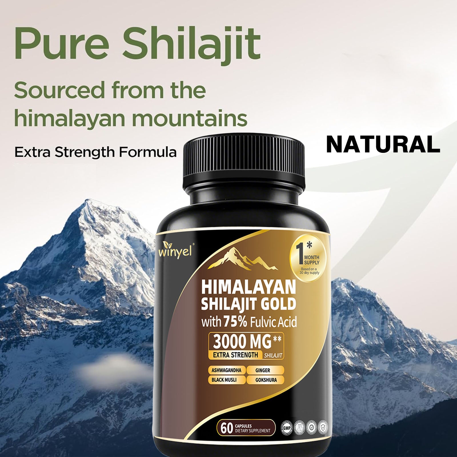 Gold Grade Himalayan Shilajit Capsules with Ashwagandha & Gokshura | 60 Capsules